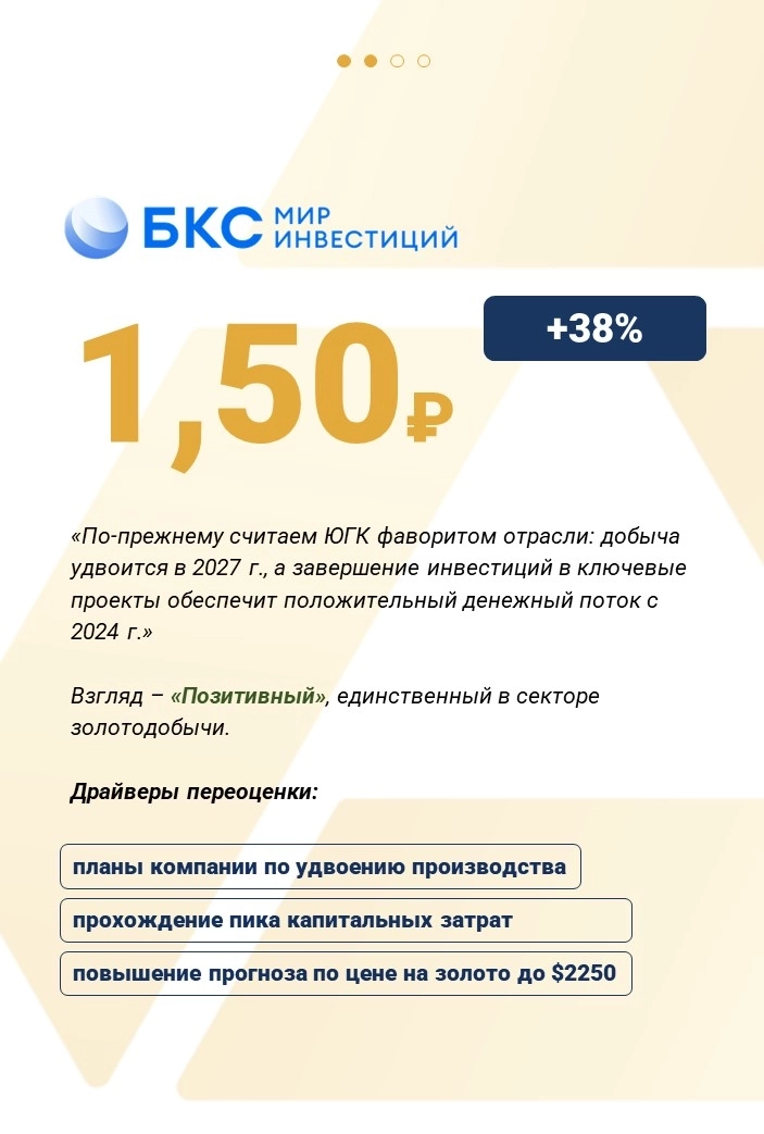 ЮГК имеет потенциал: аналитики БКС снова пересмотрели целевую цену по нашим акциям и повысили её с 1,2 до 1,5 рублей (апсайд 38%), а также сохранили «позитивный» взгляд 🔥